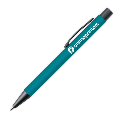 Bolgrafo de plstico turquesa con clip y botn pulsador.