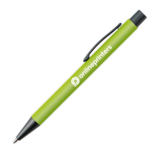 Bolgrafo de plstico verde manzana con clip y botn pulsador.