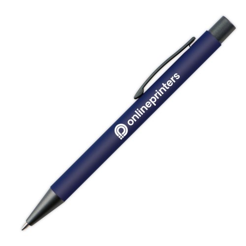 Bolgrafo de plstico azul oscuro con patrn y clip.