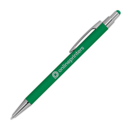 Bolgrafo de metal verde con funcin tctil y clip.