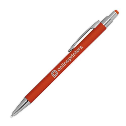 Bolgrafo de metal naranja con funcin tctil y clip.