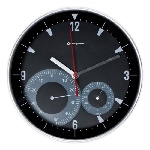 Reloj de pared negro con pantalla analgica y termo-higrmetro integrado.
