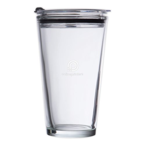 Vaso de vidrio transparente con tapa.
