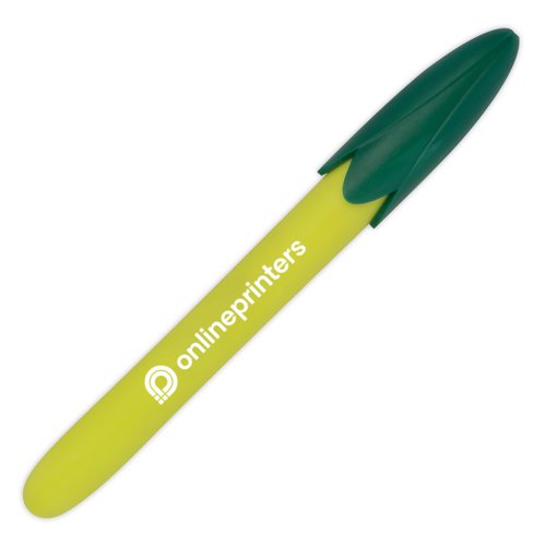 Bolgrafo de maz amarillo con tapa verde.