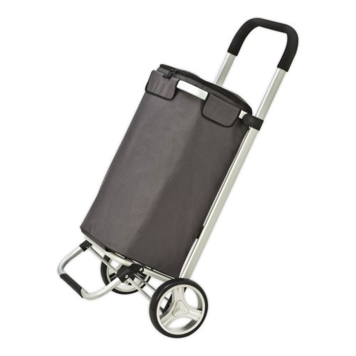 Trolley de compra gris plegable con ruedas y asa.