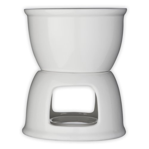 Juego de fondue de chocolate de cermica blanca con parte superior extrable.
