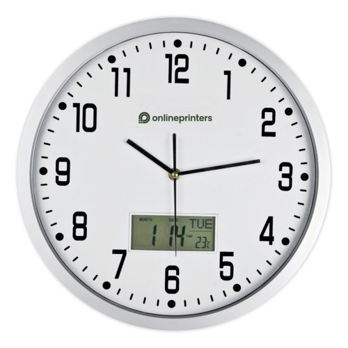 Reloj de pared analgico con pantalla digital.