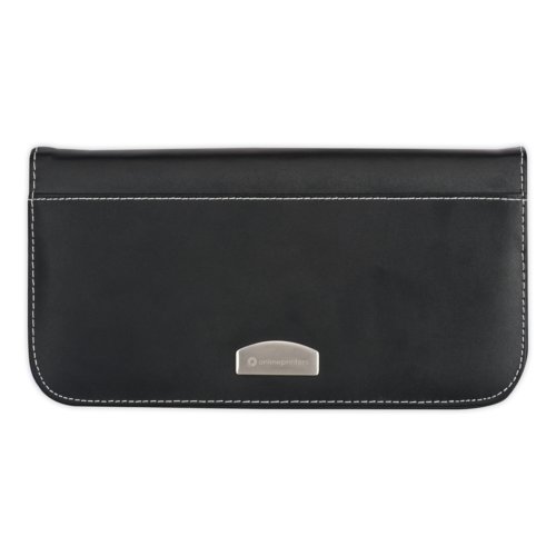 Cartera de viaje negra de cuero sinttico con costura alrededor.