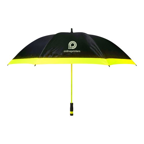 Paraguas XXL negro con borde amarillo y mecanismo de apertura manual.