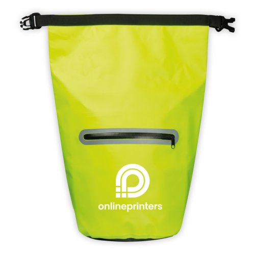 Bolsa amarilla impermeable con cierre enrollable y bolsillo exterior.