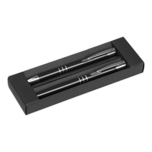Juego de escritura negro con bolgrafo y soporte para bolgrafo.