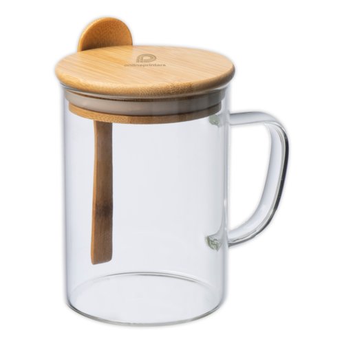 Taza de vidrio transparente con tapa y cuchara de bamb.