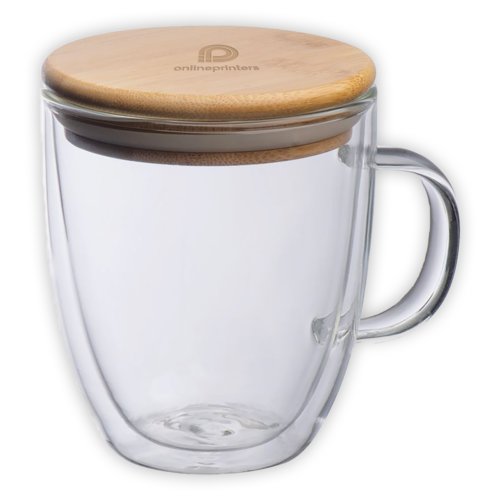 Taza de vidrio transparente de doble pared con tapa de bamb y asa.