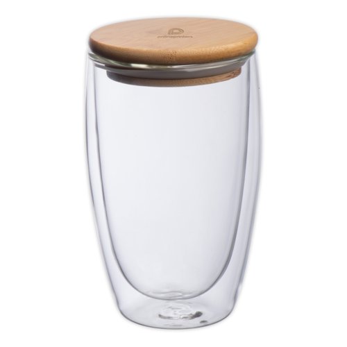 Vaso de vidrio de doble pared con tapa de madera.