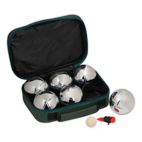 Juego de bochas de color plateado con bolsa, boliche y herramienta de medicin de distancia.