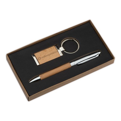 Set de regalo de madera y metal con bolgrafo y llavero.