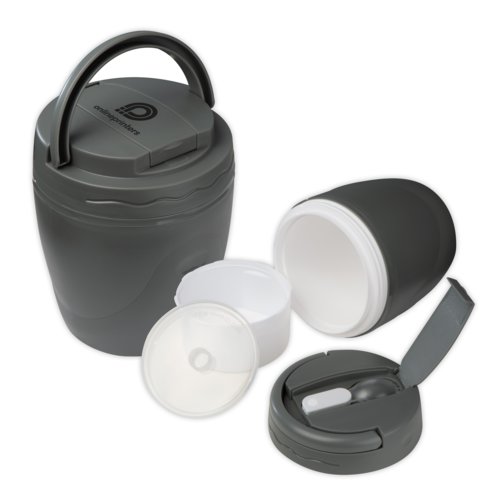 Recipiente de plstico gris para alimentos con asa y compartimentos.