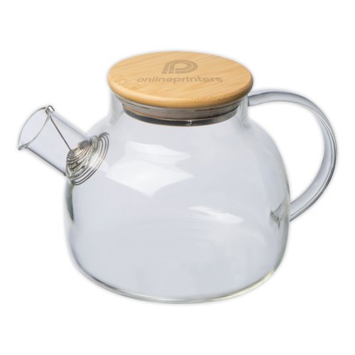 Tetera de vidrio transparente con tapa y asa de bamb.