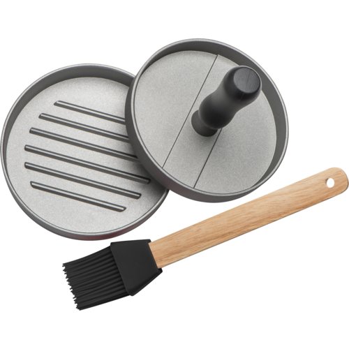 Prensa para hamburguesas negra de metal con pincel de silicona.