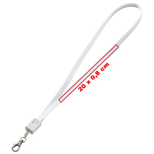 Lanyard blanco de polister con mosquetn y cable de carga universal.