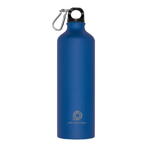 Botella de agua de metal azul con mosquetn.