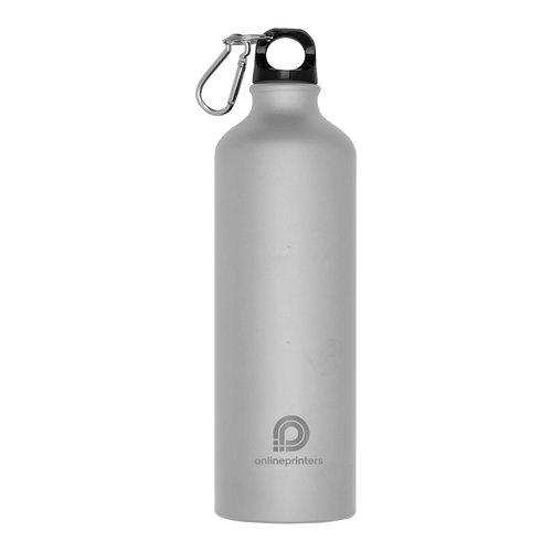 Botella de agua de metal gris con mosquetn.