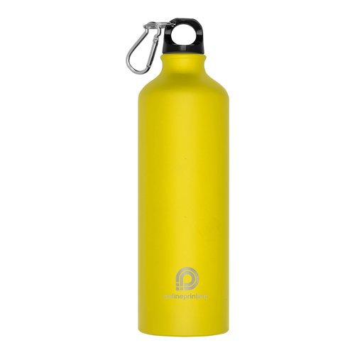 Botella de agua de metal amarilla con mosquetn.