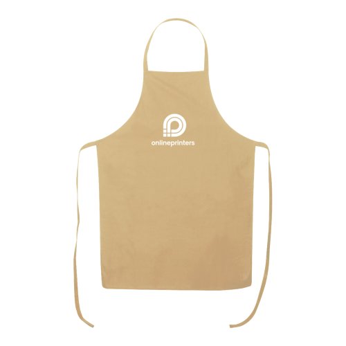 Delantal beige de algodn con correa ajustable para el cuello y lazos largos.