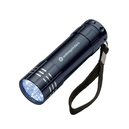 Lmpara LED de metal negro con correa de mano.