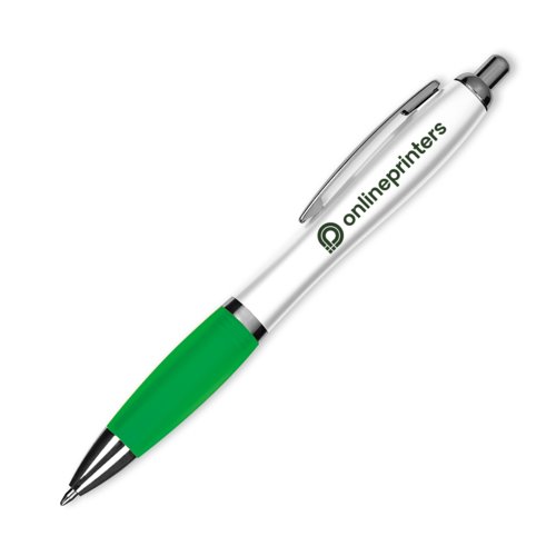 Bolgrafo de plstico verde con clip y botn pulsador.