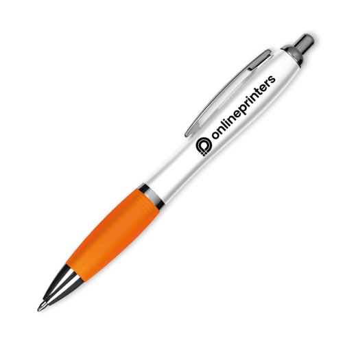 Bolgrafo de plstico naranja con clip y botn pulsador.