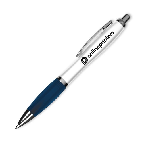 Bolgrafo azul oscuro con clip y botn pulsador.