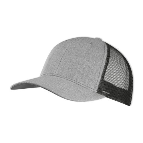 Gorra de bisbol negra con insercin de malla y cierre ajustable.