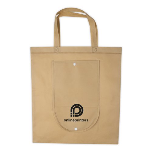 Bolsa beige no tejida con asas y botn.