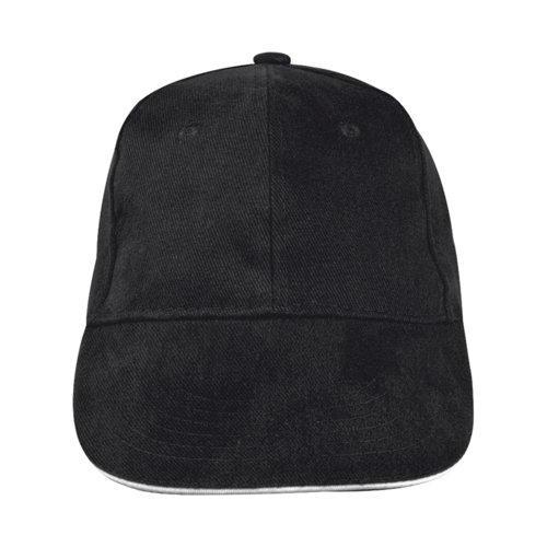 Gorra de bisbol negra de tela con seis paneles.