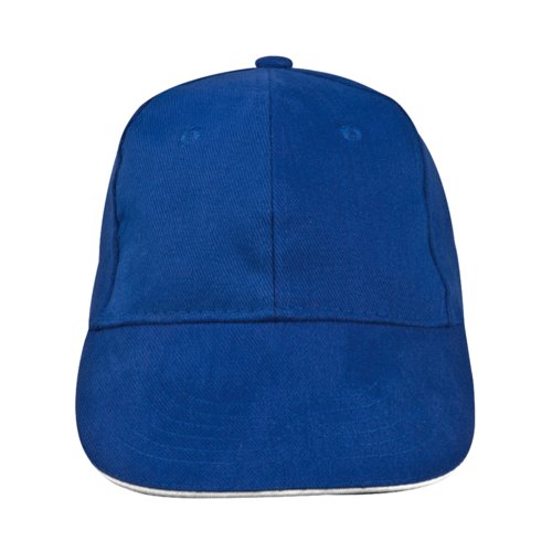 Gorra de bisbol azul de algodn de 6 paneles con correa ajustable.