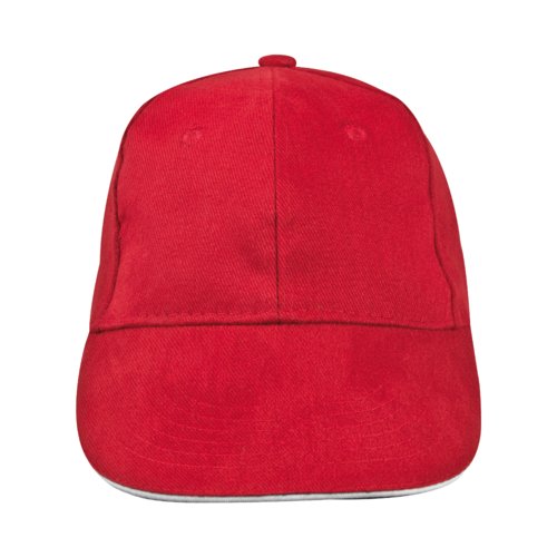 Gorra de bisbol roja de tela con seis paneles.