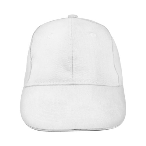 Gorra de bisbol blanca de tela con seis paneles.