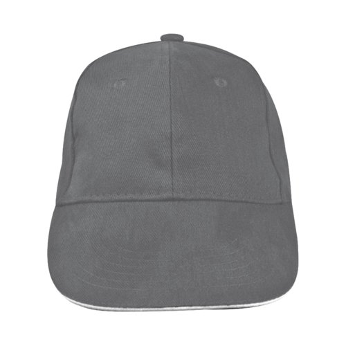 Gorra de bisbol gris de tela con seis paneles.
