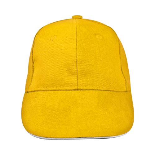 Gorra de bisbol amarilla de tela con seis paneles.