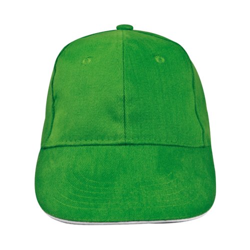 Gorra de bisbol verde de tela con seis paneles.