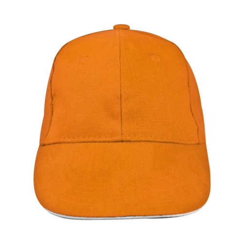Gorra de bisbol naranja de tela con 6 paneles y parte delantera reforzada.