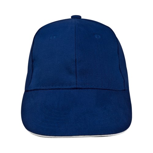 Gorra de bisbol de tela azul oscuro con seis paneles.