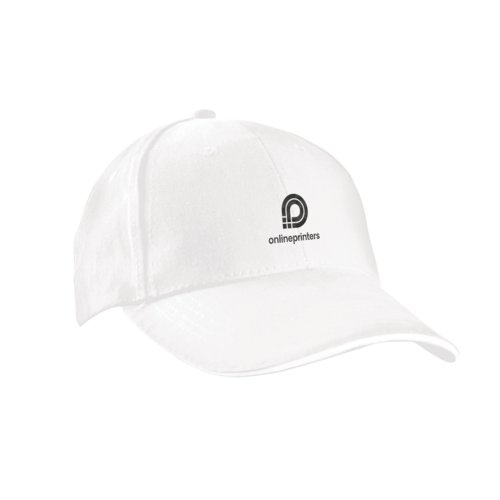 Gorra de bisbol blanca de seis paneles con correa ajustable.