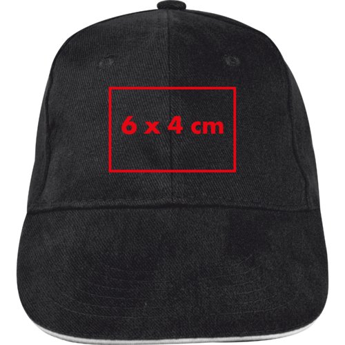 Gorra de bisbol negra de tela con seis paneles y correa ajustable.
