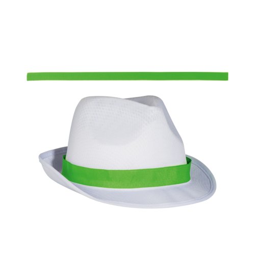 Sombrero blanco estilo Memphis con cinta de color.
