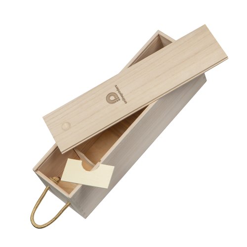 Caja de vino beige de madera con tapa y asas de cuerda.