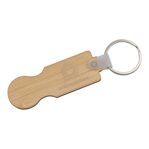 Llavero de madera con ficha de carro y anilla metlica.