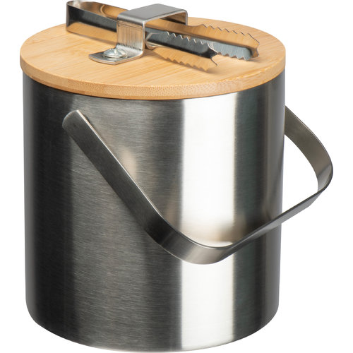 Cubo de hielo plateado de metal con tapa de madera.