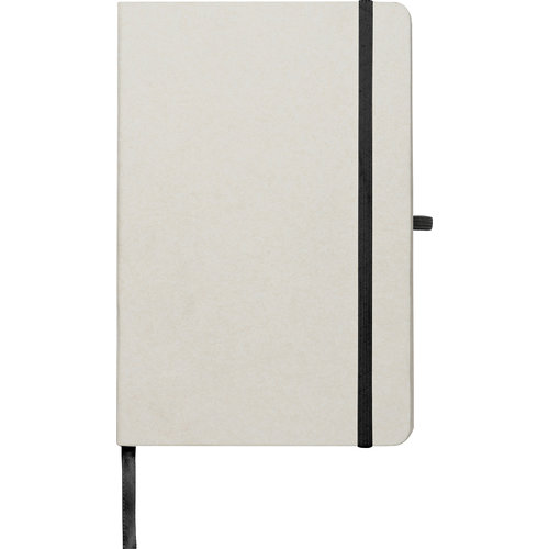 Cuaderno beige de cartn de leche reciclado con goma elstica.